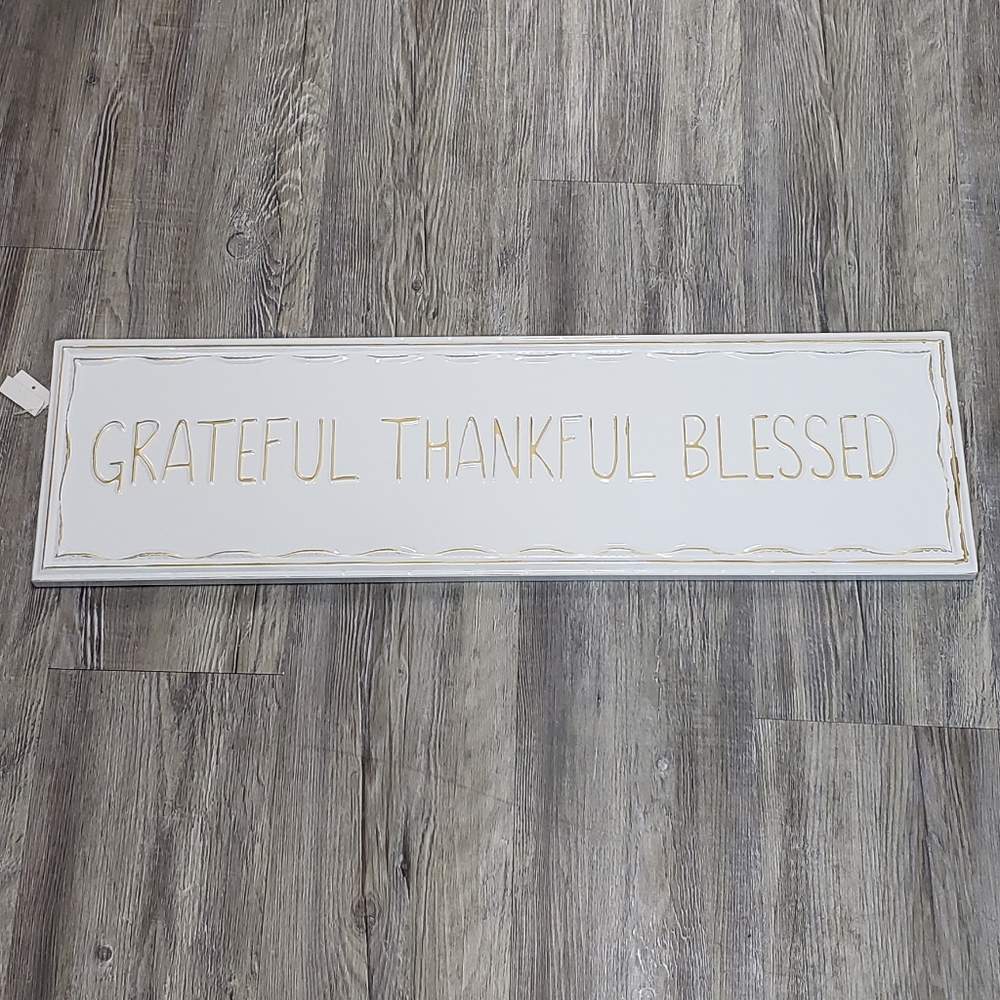 28" White and Gold "GRATEFUL THANKFUL BLESSED" Rectangular Antique Wall Sign